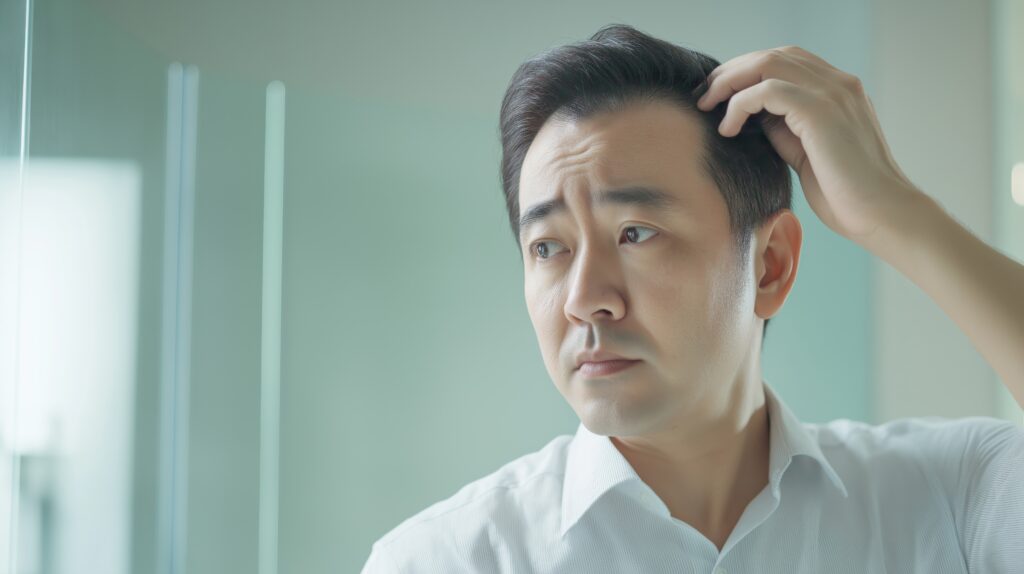 Asian MiddleAged Man Examining Hair in the Mirror Realistic Stock Photo for Personal Care and Grooming Themes - Dr.成井の毛髪LAB – AGA対策から植毛最新技術まで